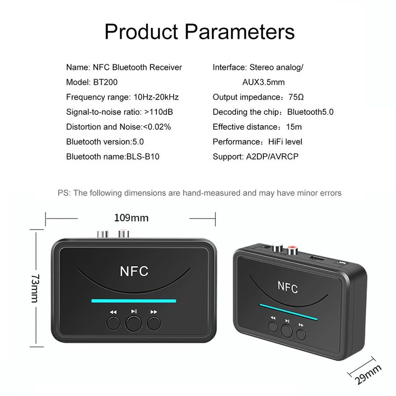 BT200 กล่องอะแดปเตอร์ NFC รับเสียงสเตอริโอ ชนิดบลูทูธ  ไร้สาย 3.5 มิลลิเมตร AUX RCA เล่นเพลง เสียง ลำโพงในรถยนต์