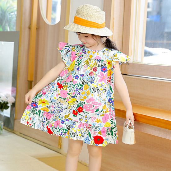 Spring and summer new sweet small and medium-sized childrens childrens clothing cartoon printed cotton A- line skirt dress childrens dress