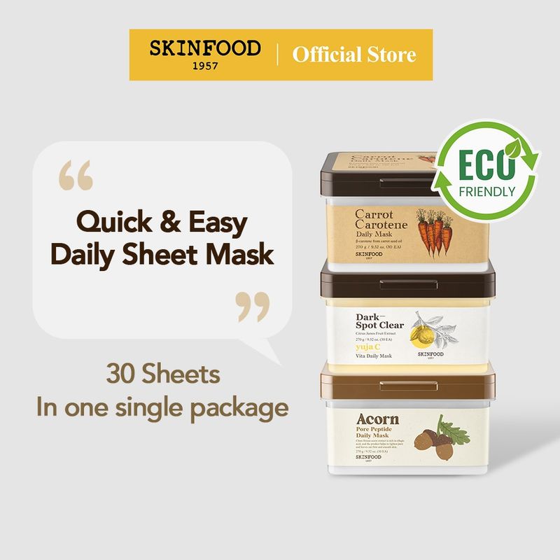 [SKINFOOD Official] เดลีชีทมาส์ก 30 ชิ้น Carrot, Acorn, Yuja C มาส์กแครอท, ลูกโอ๊ก, ยูจา ซี Daily Sheet Mask