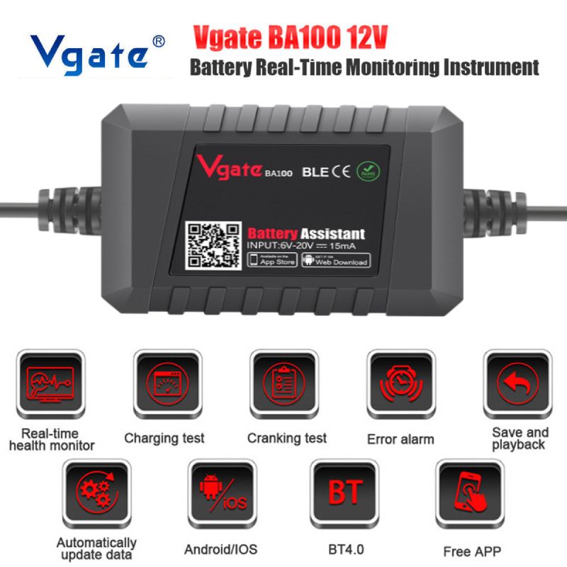 Vgate BA100 เครื่องทดสอบแบตเตอรี่รถยนต์ บลูทูธ 4.0 12V 100-2000CCA สําหรับ Android และ IOS Auto Battery Monitor Analyzer