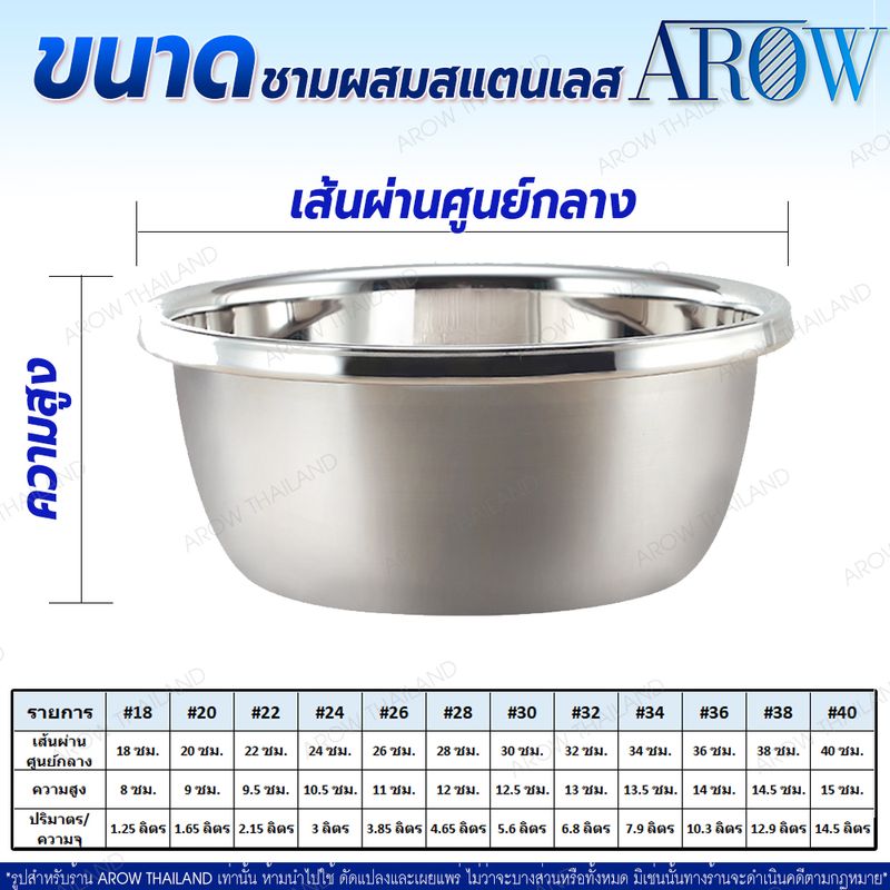 ชามผสมสแตนเลสแท้ ขนาดใหญ่ เกรด 304 AROW THAILAND ขนาด 36 ซม. ชามผสมอาหาร กะละมังสแตนเลส ชามใส่อาหาร ชามกลม ใช้กับเตาแก๊สเตาไฟฟ้าได้ Mixing bowl