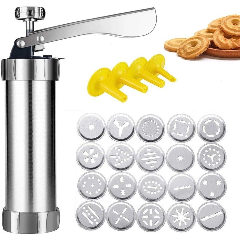 Four!DIY Cookie Press Maker เครื่องปืนท่อสแตนเลสหัวฉีดบิสกิตแต่งหน้าเค้กตกแต่งเครื่องมือตกแต่งบีบ.กระบอกกดคุกกี้ สแตนเลส พร้อมหัวแต่งเค้ก 8 หัว r