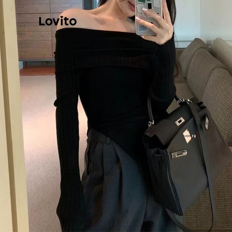 Lovito เสื้อเปิดไหล่ ผ่าข้าง สีพื้น สไตล์ลำลอง สำหรับผู้หญิง LNA30014 (สีแอปริคอต / สีดำ)