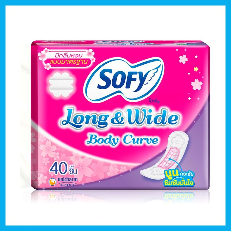 Sofy แผ่นอนามัย Long & Wide Body Curve Scented 40pcs โซฟี แผ่นอนามัยมีกลิ่นหอม นูนกระชับ ซึมซับมั่นใจ.