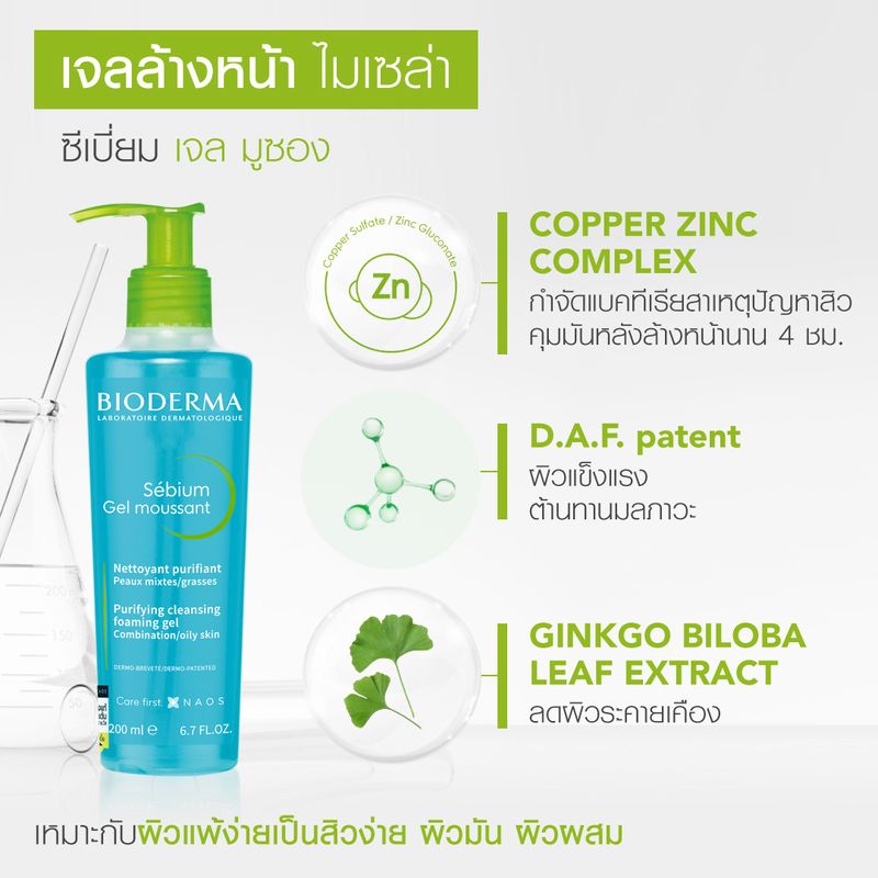 Bioderma Sebium Gel Moussant 100 ml เจลล้างหน้าไมเซล่า สูตรคุมมัน สำหรับผิวมัน เป็นสิวง่าย (หมดอายุ 30/4/2025)