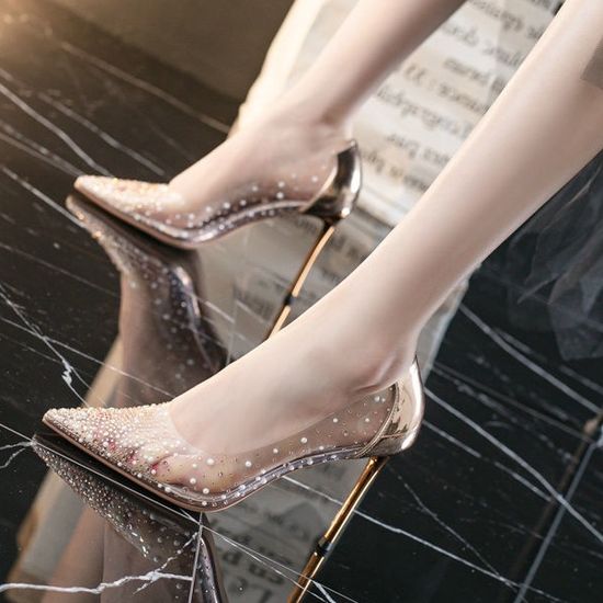 Banquet shoes 2022 new pointed toe high-heeled wedding shoes bow transparent stiletto sexy high-heeled shoe