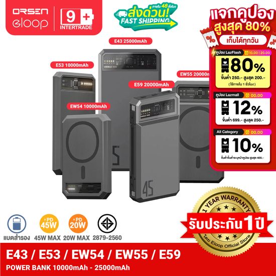 Eloop:EW54 EW55 E53 E43 E59 10000mAh 20000mAh 25000mAh,E53 10000mAh เทา,10000-25000