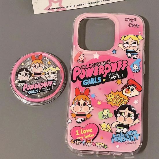 Double Layer IMD Crybaby Powerpuff สาวแม ่ เหล ็ กกรณีขาตั ้ งโทรศัพท ์ สําหรับ IPhone 15/14 Pro Max/14 Pro/13 Pro Max/12 Pro Maxกันกระแทก