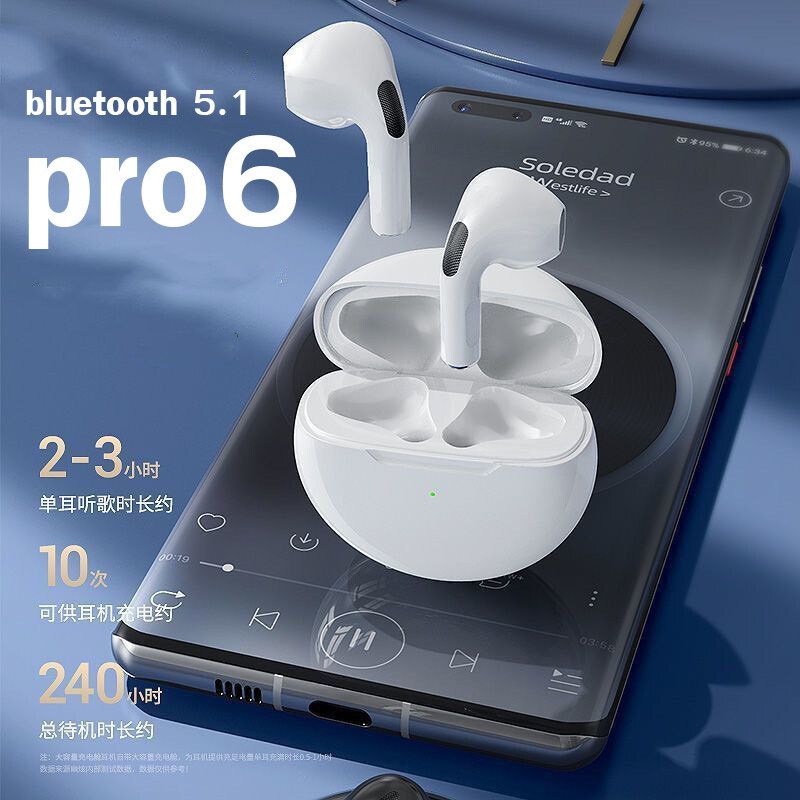 Pro 6 TWS หูฟังไร้สาย Wireless Bluetooth 5.1 หูฟังบลูทูธ บางเบา เสียงดีไม่เจ็บหู เชื่อมต่ออัตโนมัติ ระบบสัมผัส