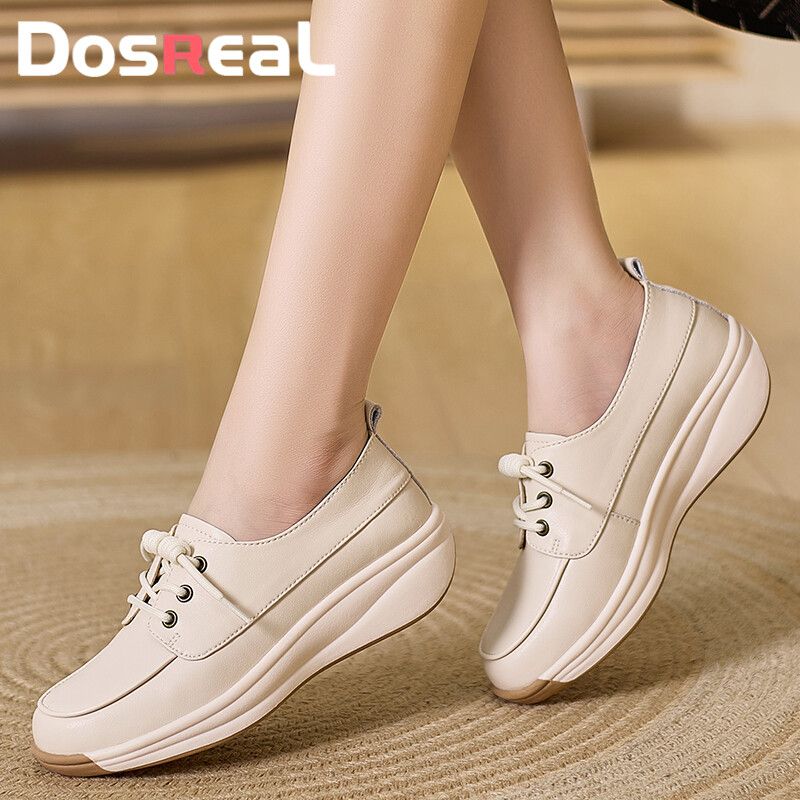 DOSREAL Wedges รองเท้าสไตล์ใหม่เกาหลีรองเท้าลำลองย้อนยุค4ซม. หนังแท้มัฟฟินหนารองเท้าลิ่มไม่ลื่นรองเท้าพื้นเตี้ยรองเท้าผู้หญิง