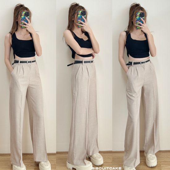 MARU PANTS กางเกงขายาวมีตะขอซิปหน้า ผ้าสโนว์ มีกระเป๋า