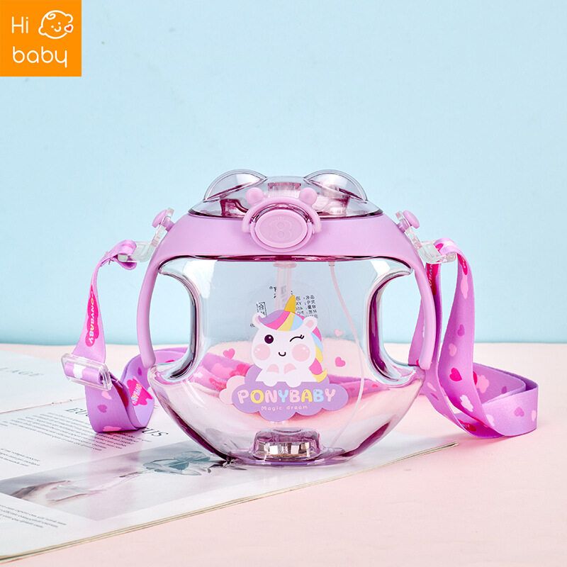 Kids water bottle  Creative Cartoon Donut Transparent Spray Flash Straw Plastic Cup Children with Handle Sling Strap Portable