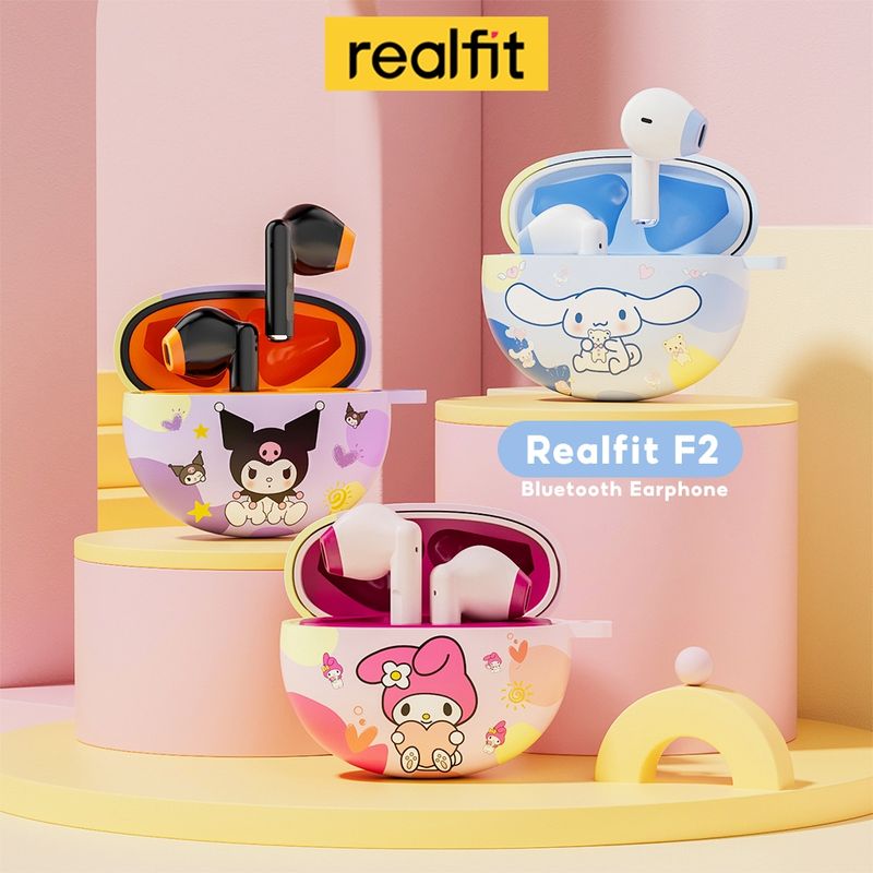 Realfit F2 หูฟังบลูทูธไร้สาย พร้อมเคส ลายการ์ตูน ขนาดเล็ก พร้อมไมโครโฟน รองรับการโทร วิดีโอ