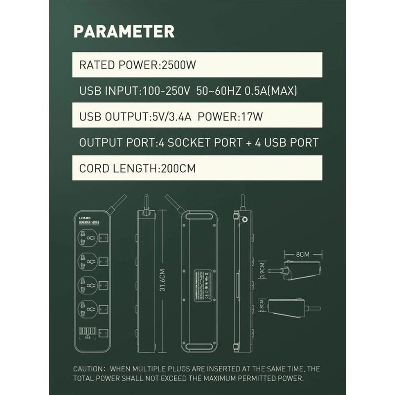 LDNIO SC4408 ปลั๊กพ่วง 4 ช่อง 4 USB 3.4A Max universal outlet Power Strip รองรับไฟ 2500W-10A(Max) 250V สายยาว 2 เมตร