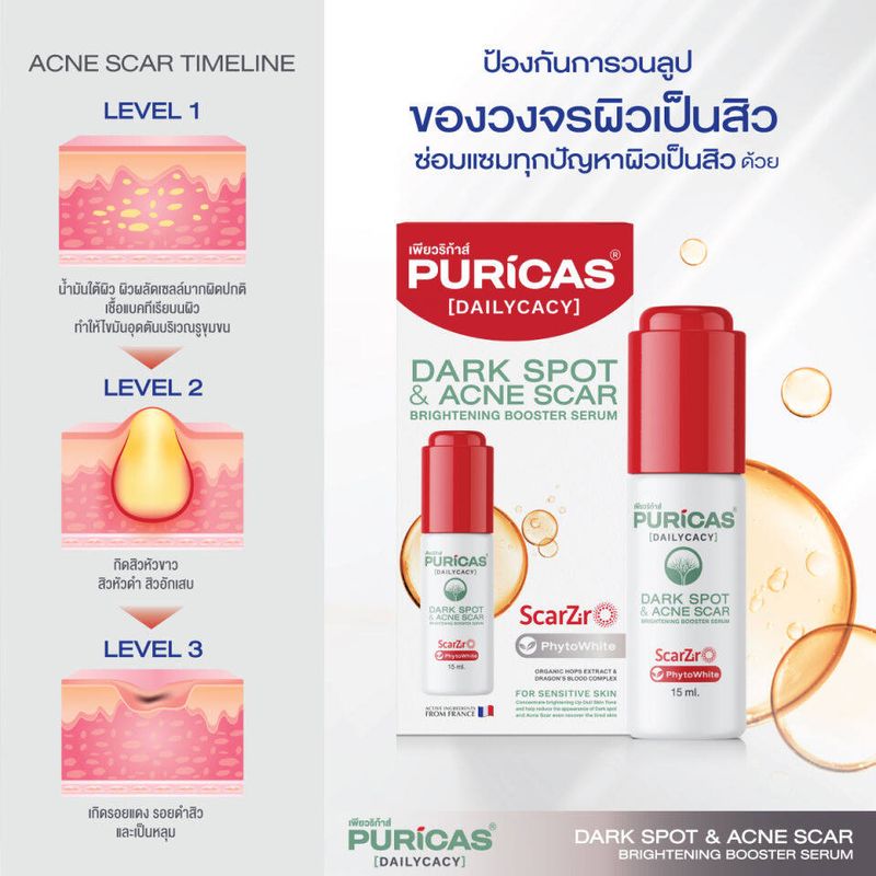 Puricas Dark Spot & Acne Scar Brightening Booster Serum เพียวริก้าส์ ดาร์ค สปอต แอน์ แอคเน่ สการ์ บูสเตอร์ เซรั่ม [15 ml.]