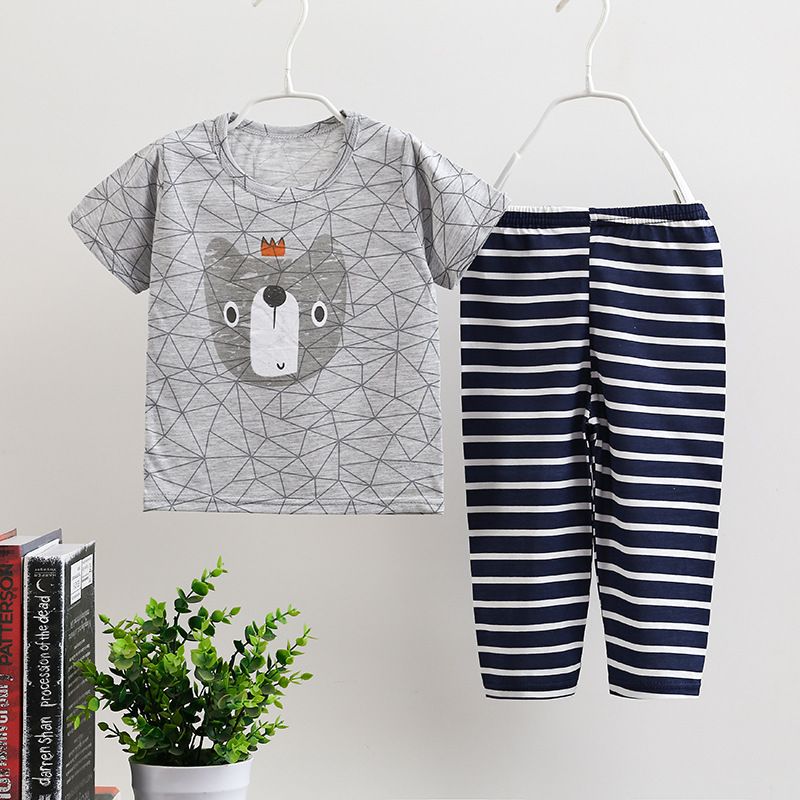 Thin Home Clothes Set Boys and Girls Short-sleeved Trousers Combination Middle and Large Childrens Underwear Set Comfortable Baby Childrens Clothing