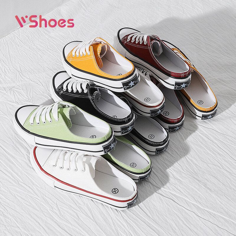 VSHOES. รองเท้าแตะผู้หญิง INS สุทธิสีแดงรองเท้าเวอร์ชั่นเกาหลีครึ่งลากผ้าใบรองเท้าขี้เกียจรองเท้ากีฬากลางแจ้ง