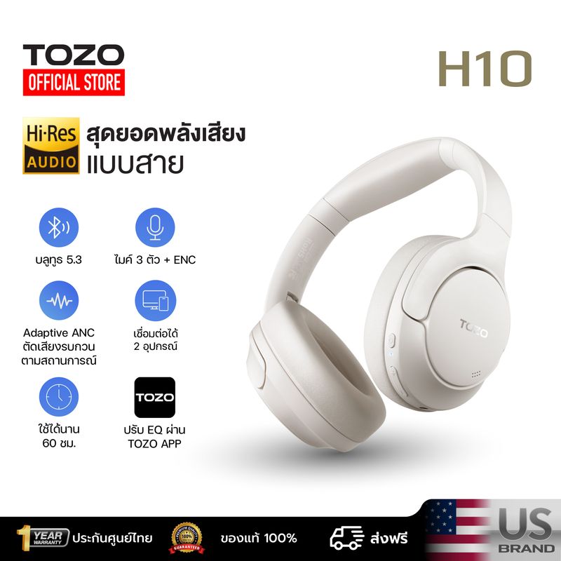 [ส่งฟรี ประกันศูนย์ไทย] TOZO H10 หูฟัง Headphone มี Adaptive ANC BT 5.3 หูฟังครอบหู หูฟังไร้สาย ใช้ได้นาน 60 ชม./ชาร์จ