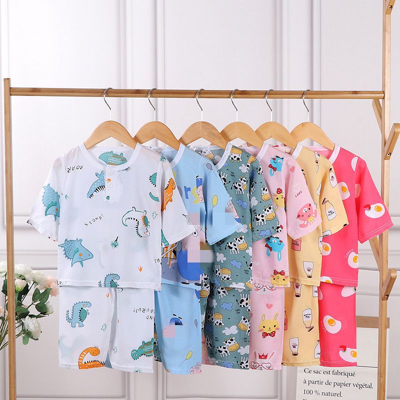 Summer Childrens Bourette Suit Boys and Girls Thin Cotton Thick Pajamas Short-Sleeved Suit Air Conditioning Clothes Pajamas