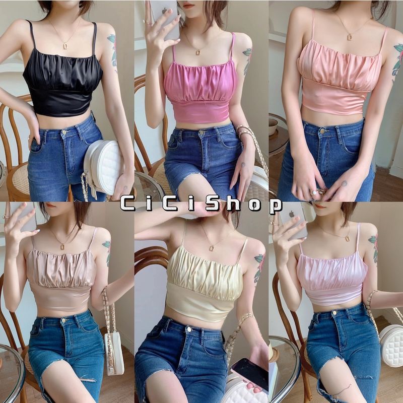 Cicishop(133)สายเดี่ยวครอปผ้าซินดีเทลย่นหน้า ด้านหลังแต่งสม็อคสายปรับได้เนื้อดีสวยเซ็กซี่ ไฮโซสุดๆ🔥