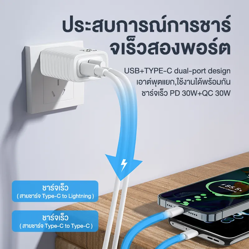 Basike:หัวชาร์จเร็ว 30W Type-C + USB-A,AS107 สีเขียว