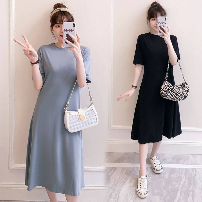 Maternity dress for pregnant women dress de Color Floor de medium long Fashion de T-shirt shape loose casual แฟชั่นใหม่เหนือเข่าหลวมพอดีคลอดผ้าฝ้ายกลางยาวแฟชั่นแสดงชุดผอม