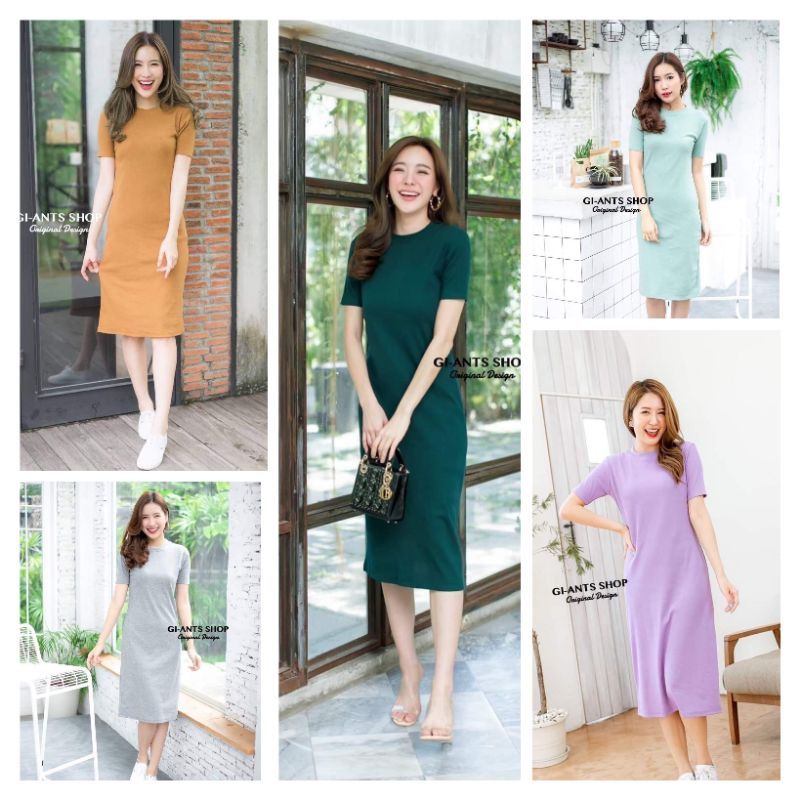 ‼️พร้อมส่ง‼️1️⃣7️⃣9️⃣ เดรสยาวคอกลมแขนสั้น ผ้าร่อง🌷งานป้าย​ La dress