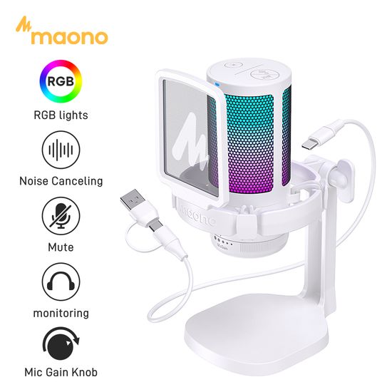 จัดส่งในท้องถิ่น MAONO DGM20 ไมโครโฟนคอนเดนเซอร์ USB RGB, ปุ่มเดียวเงียบ ลดเสียงรบกวนอัตโนมัติ การฟังแบบเรียลไทม์สำหรับการบันทึก  สตรีมมิ่ง เกม