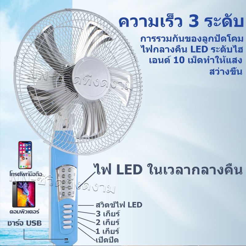 solar fan พัดลมตั้งพื้น16นิ้ว พัดลมโซลาเซลล์ พัดลมปรับระดับ พัดลมเหล็กตั้งพื้น พร้อมแผงโซล่าเซลส์ หลอดไฟ LED 2หลอด พัดลม 5ใบพัด เสียงเงียบ พัดลม ปรับระดับได้ 9ระดับ พัดลมไฟฟ้า พัดลมตั้งโต๊ะ