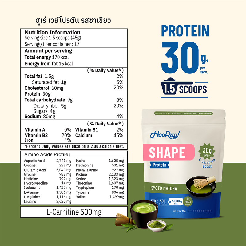 Hooray! Shape Whey Protein 45 g. X 4 ซอง เวย์โปรตีน รสช็อกโกแลต และ รสชาเขียว (เลือกรสชาติได้)