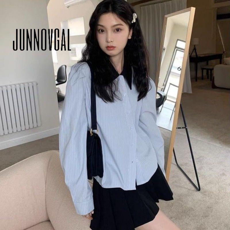 Junnovgal เสื้อโปโล แขนยาว เข้ารูป สีตัดกัน สไตล์เรโทร สําหรับผู้หญิง 2024