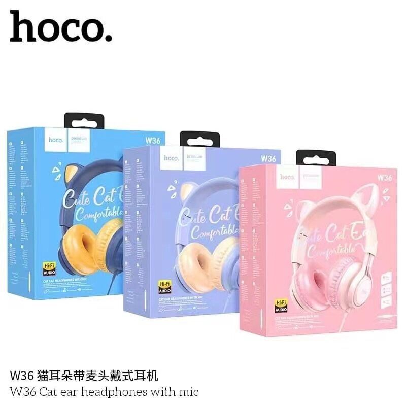 ของแท้100% Hoco W36 Cat ear headphones with mic หูฟังครอบหัวแบบมีสาย พรัอมไมค์ในตัว ฟังเพลง คุยโทรศัพท์ และใช้งานกับคอมพิวเตอร์ได้ พร้อมส่ง