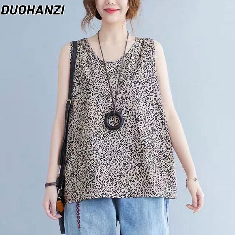 DUOHANZI เสื้อแขนกุดลายดอก เสื้อกั๊กแฟชั่นสำหรับผู้หญิง พิมพ์ลายเสื้อยืดแขนกุดขนาดใหญ่ด้านบน