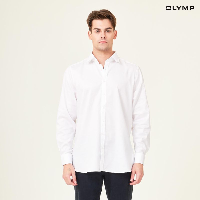 OLYMP Level Five Shirt เสื้อเชิ้ตชาย สีขาว ผ้าเท็กเจอร์ ทรงพอดีตัว ยืดหยุ่นได้ดี รีดง่าย