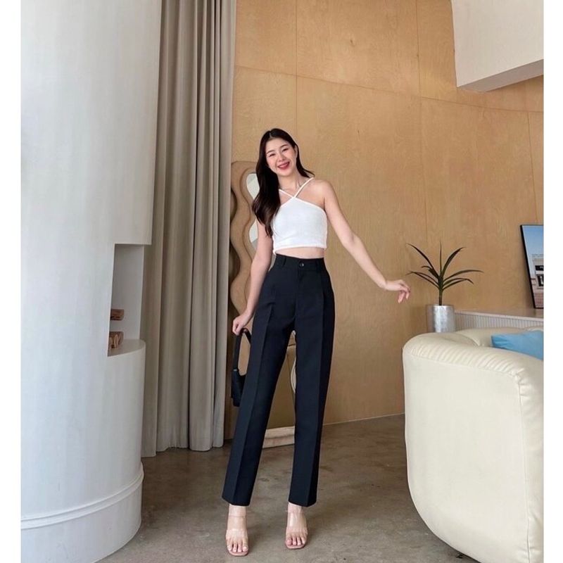 Lady pants กางเกงทรงขากระบอกเล็ก แต่งกระดุมหน้า เอวสูง ทรงสวย ใส่แล้วพรางหุ่น ผ้าหนาอย่างดี ใส่สบาย