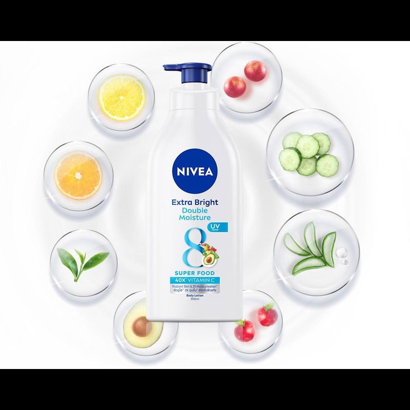 Nivea Extra Bright Double Moisture Super Food 40x Vitamin Body Lotion นีเวีย เอ็กซ์ตร้า ไบรท์ ดับเบิ้ล มอยส์เจอร์ บอดี้ โลชั่น (บรรจุ 550 มล.) โฉมเลข 8 สีฟ้า