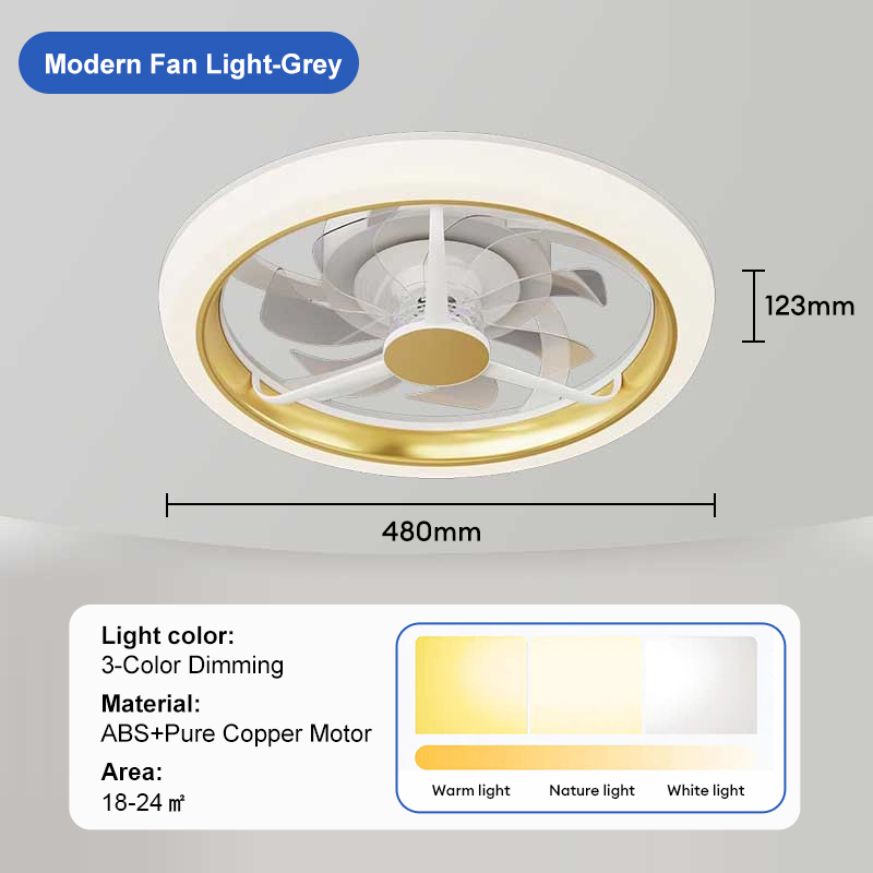 พัดลมติดเพดานพร้อมไฟ โคมไฟเพดาน ไฟพัดลม 108W ไฟพัดลมติดเพดาน ไฟพัดลมที่มองไม่เห็น มอเตอร์ AC 5 ใบมีด Tri-Color หรี่แสงได้พร้อมรีโมทคอนโทรล