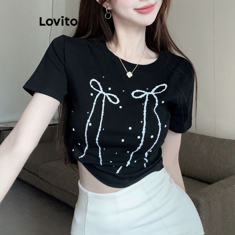 Lovito เสื้อยืดผู้หญิง เบสิก สีพื้น สไตล์ลำลอง LNE24060 (สีดำ)