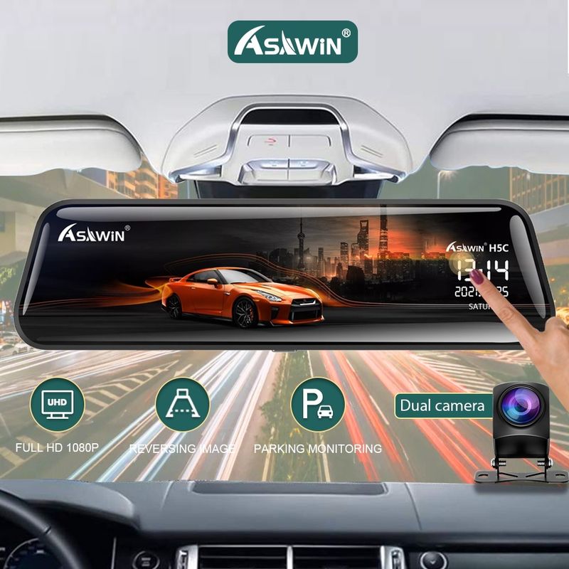 Asawin Full หน้าจอ Dual เลนส์กระจกมองหลัง Dash Cam Recorder ด้านหน้าและด้านหลัง HD 1080P Night Vision 10"