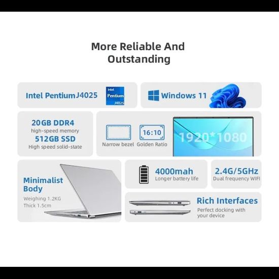 2024 แล็ปท็อปใหม่ 14.1 นิ้ว Windows 11 แล็ปท็อปเกมมิ่ง Intel J4025 20GB 1TB 1920 * 1080 ความละเอียดสำนักงานการศึกษาคอมพิวเตอร์พีซี