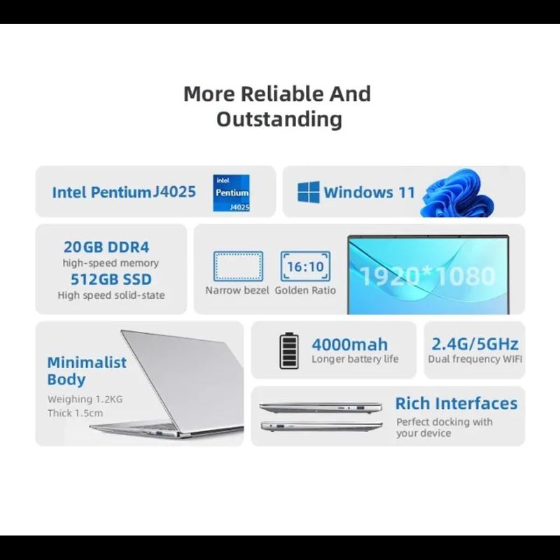 2024 แล็ปท็อปใหม่ 14.1 นิ้ว Windows 11 แล็ปท็อปเกมมิ่ง Intel J4025 20GB 1TB 1920 * 1080 ความละเอียดสำนักงานการศึกษาคอมพิวเตอร์พีซี