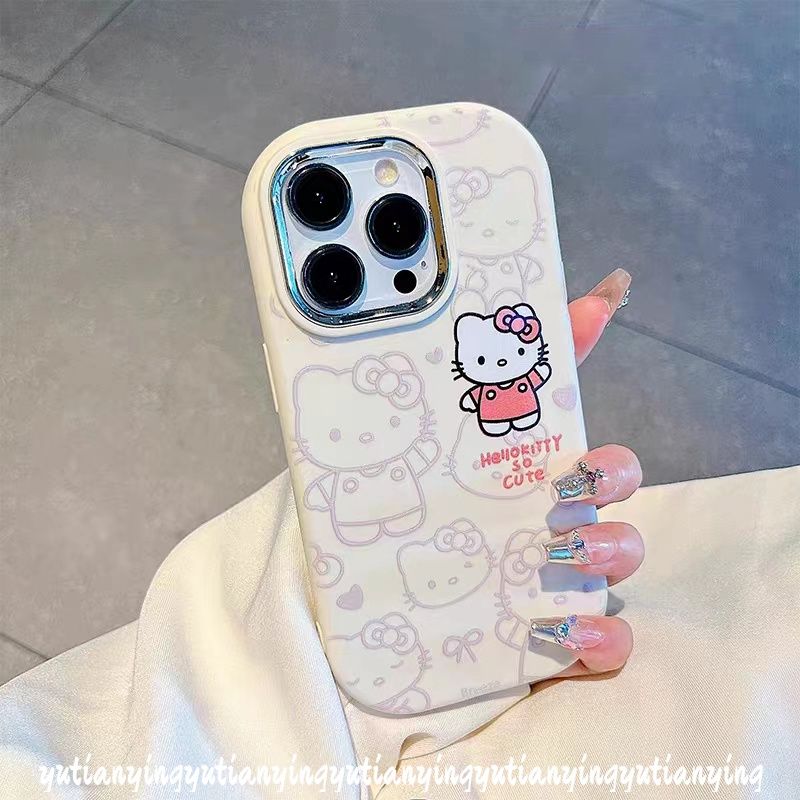 สีลูกกวาดน ่ ารักLotso Winnie Hello Kitty Pop Mart LabubuสําหรับIPhone 11 15 12 13 14 Pro Max 7Plus X XR 8 7 Plus XS Maxชุบเลนส ์ โลหะการ ์ ตูนGraffiti Soft Case