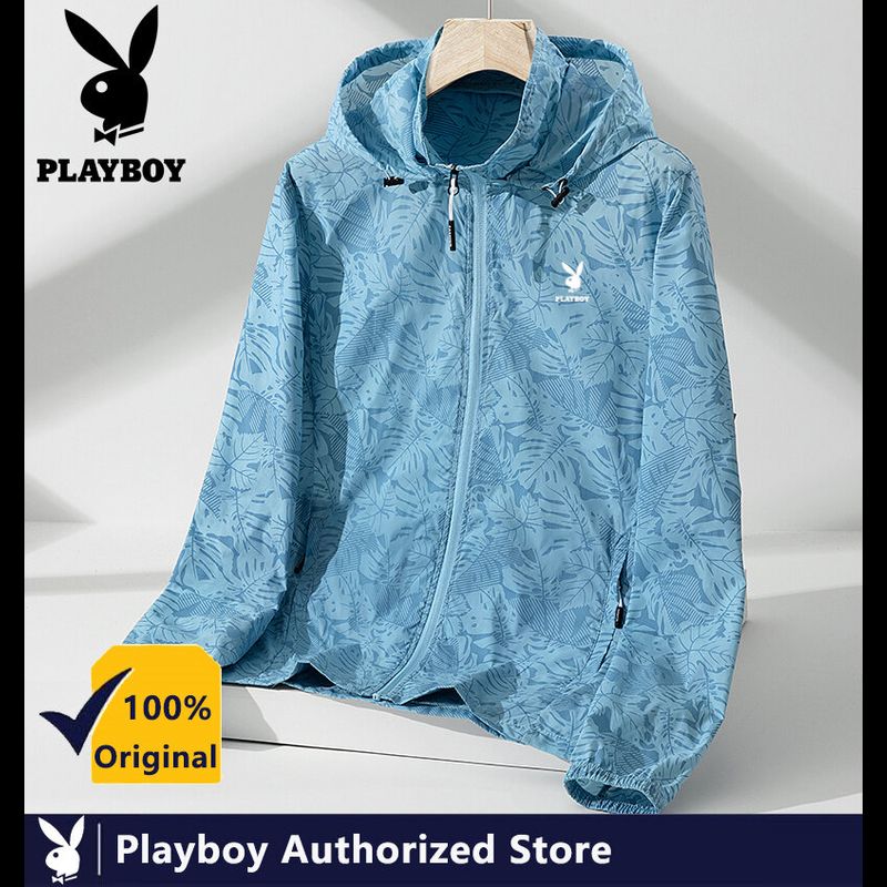 PLAYBOY เสื้อผ้าผู้ชายคุณภาพสูงชุดกันแดดมีฮู้ดป้องกันรังสียูวีเสื้อคลุมสำหรับตกปลากลางแจ้งผิวบางเฉียบฤดูร้อน