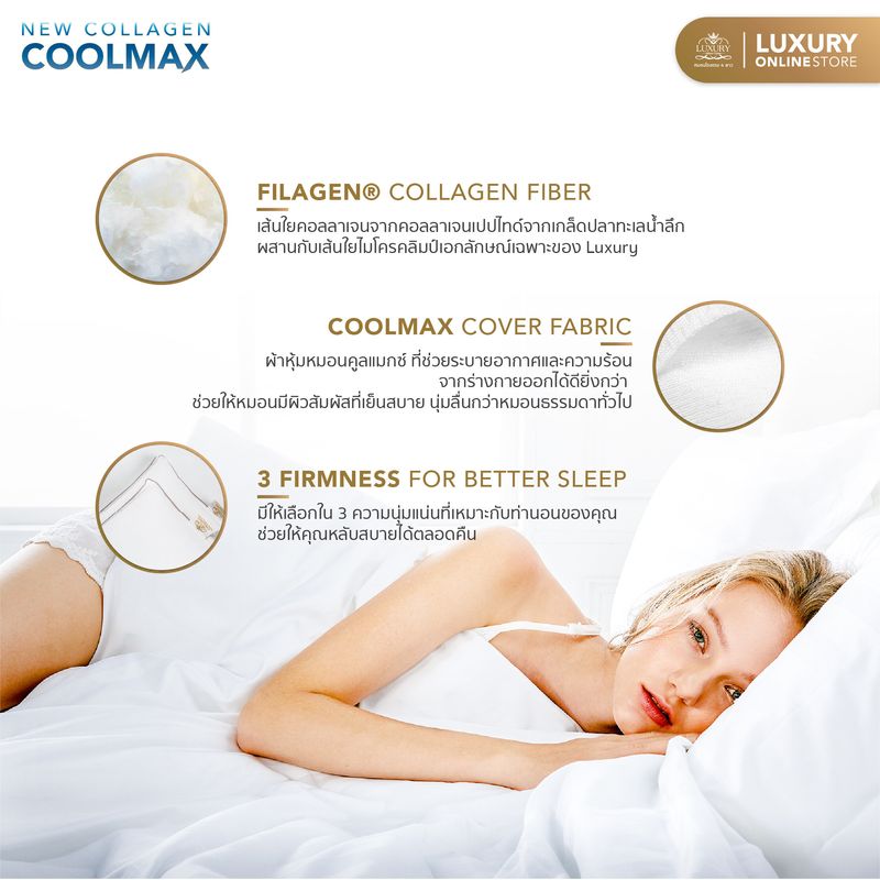 Luxury หมอนโรงแรม 6 ดาว:Luxury Collagen Cool Max รุ่น Standard Comfort,สีขาว,Free Shipping