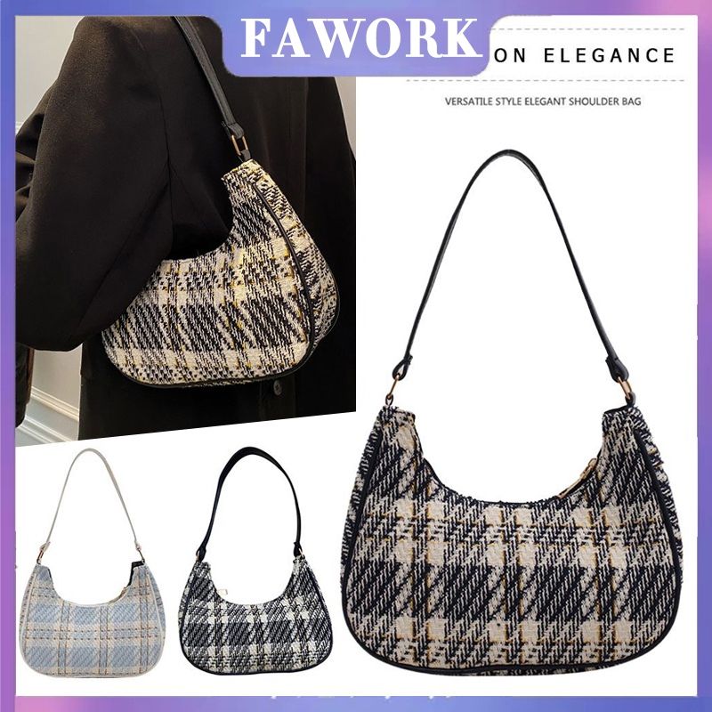 FAWORK [พร้อมส่ง] กระเป๋าสะพายไหล่ กระเป๋าถือ หนัง PU ผ้าแคนวาส พิมพ์ลายสก๊อต สำหรับผู้หญิง (8276)