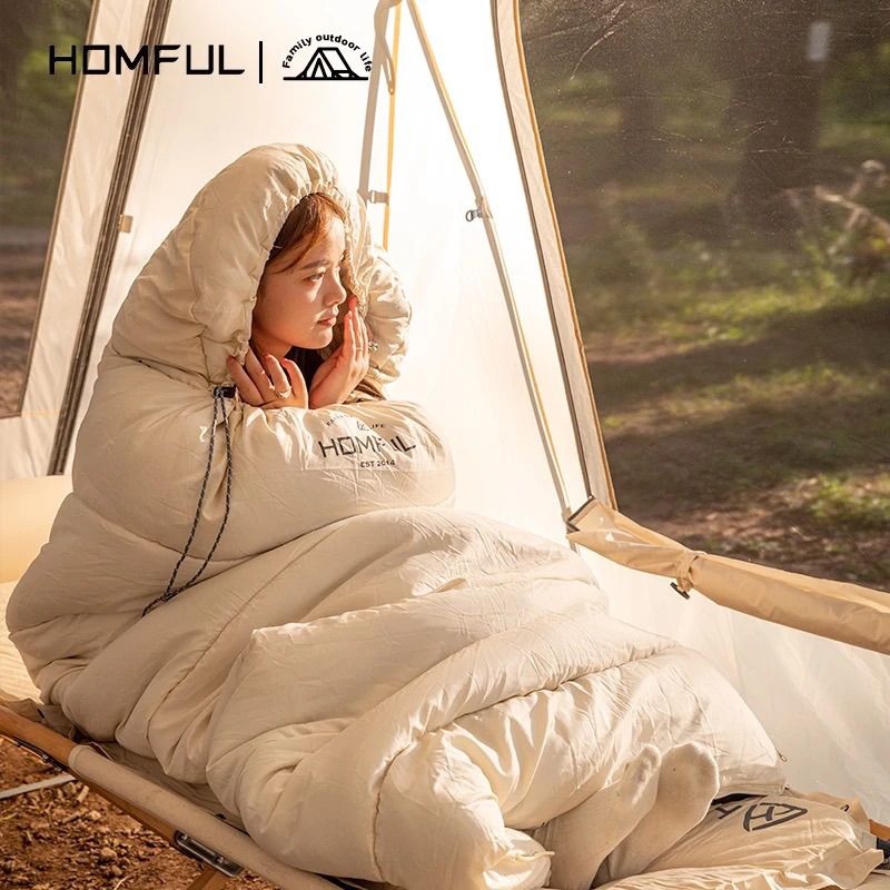 🔥ถุงนอน นุ่มพิเศษ สีเบจ Hitorhike x Homful sleeping bag วัสดุ Anti tear fabric comfort lining มีความนุ่มและหนาพิเศษ🎉