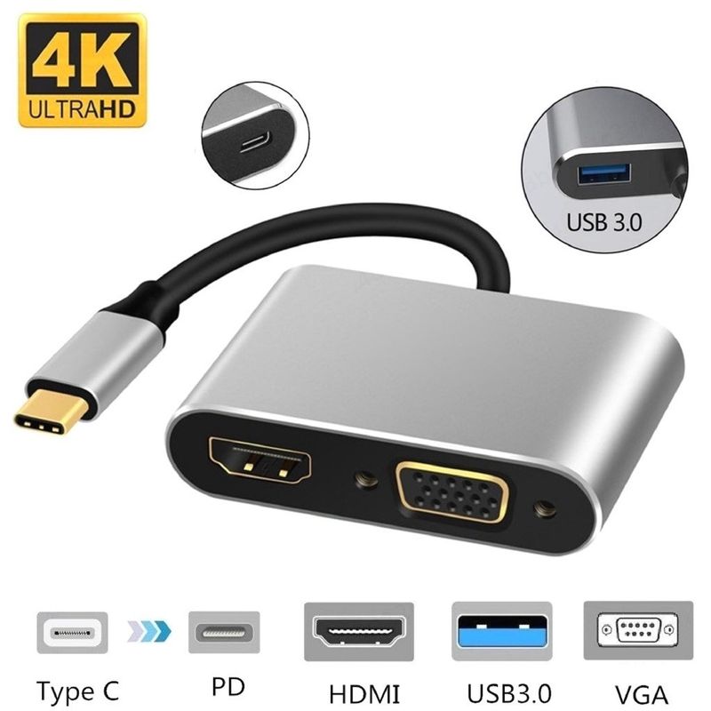 4in1 อะแดปเตอร์ USB 3.1 Type c เป็น HDMI VGA ตัวเมีย Type-c เป็น HDMI 4K สําหรับ MacBook Pro HP Envy 13 Dell XPS13 15 Lenovo miix510