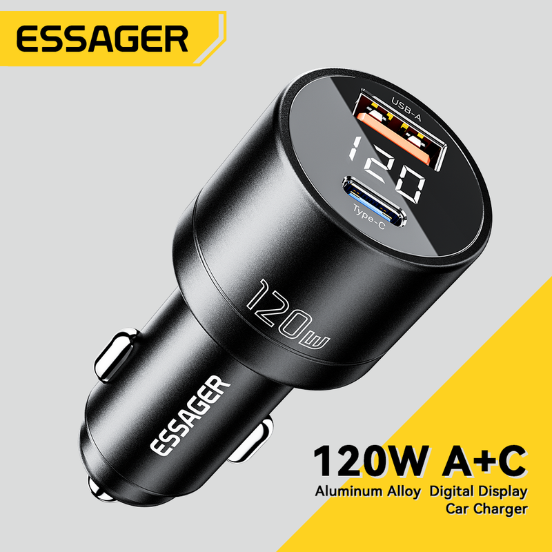 Essager 120W USB Type C A + C QC3.0 PD100W ที่ชาร์จแบตในรถที่ชาร์จแบตในรถโทรศัพท์ชาร์จเร็วที่ชาร์จไฟสำหรับแล็ปท็อป iPhone 14 13 Pro Max Samsung Xiaomi Huawei Mate 60 Pro POCO Oneplus โทรศัพท์มือถือ Realme