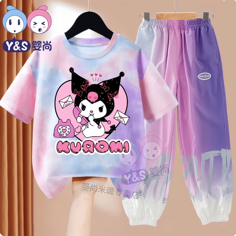 Sanrio Kuromi ชุดเด็กผู้หญิงเสื้อยืดแขนสั้นแฟชั่นชุดกางเกงสองชิ้นผ้าไหมน้ำแข็ง