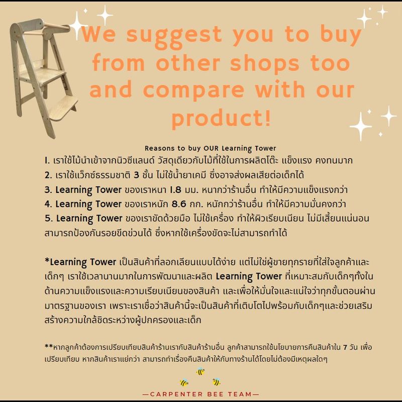 （We Guarantee Best Quality in Thailand ) Montessori Foldable Learning Tower (Kitchen Helper Tower) Siberia Brich wood&food safe natural wax/ มอนเตสซอรี่ บันไดสำหรับเด็กพับเก็บได้ ไม้จริง